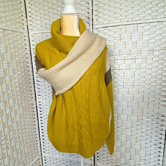 NWT Hem & Thread Turtle Neck Colorblock Cable Knit Jacquard Sweater Mustard Khak - Picture 4 of 13